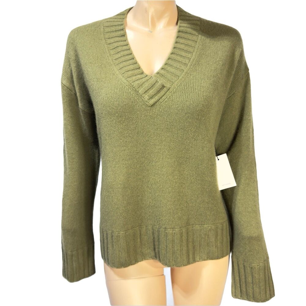 Jason Wu 100% Cashmere Pullover Sweater Size L Large Olive Green V-neck NWT